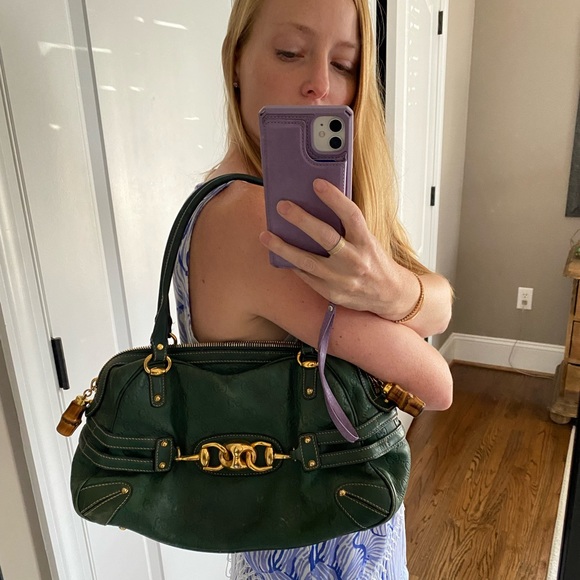 Gucci Guccisma green bag with bamboo zippers vintage authentic - Picture 2 of 9